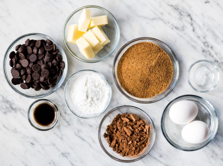 Overhead view of the ingredients in this Paleo Flourless Brownies recipe