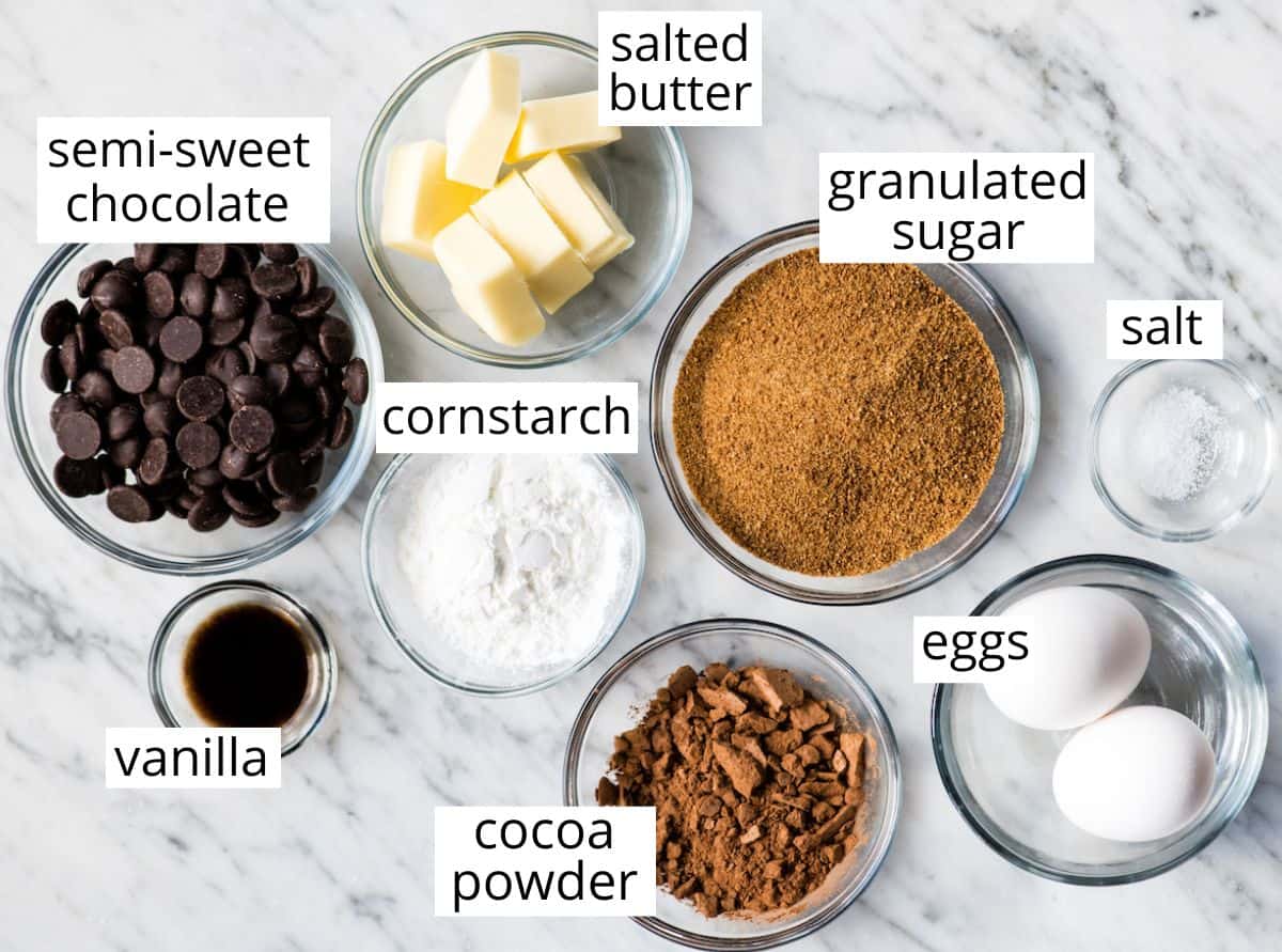 overhead photo of the labeled ingredients in this flourless brownies recipe