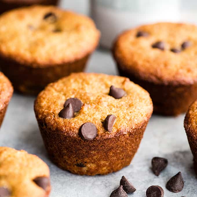 Front view of three healthy chocolate chip muffins 