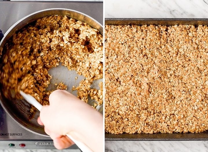 two overhead photos showing how to make peanut butter granola