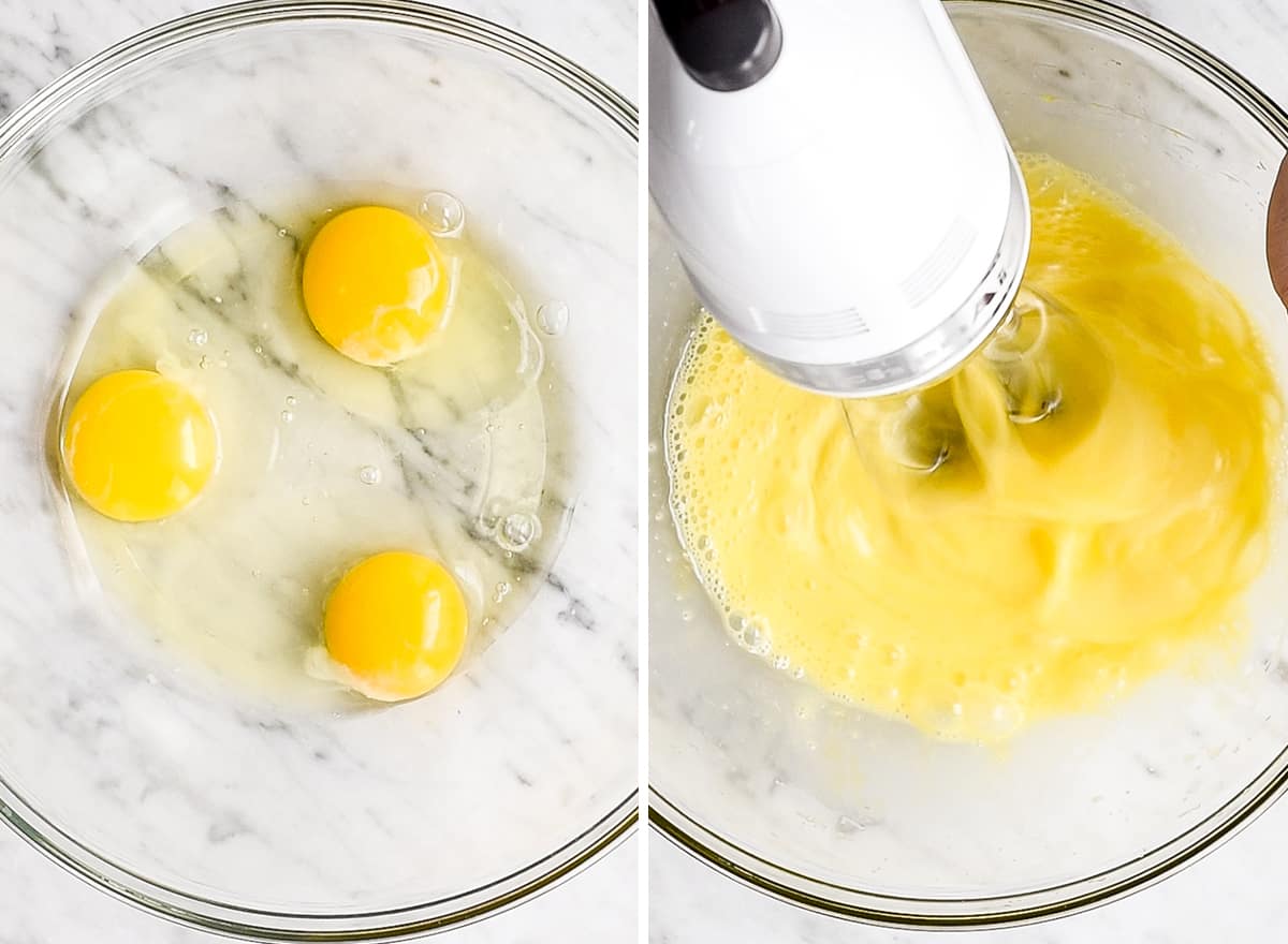 two overhead photos showing how to make chocolate lava cakes - beating eggs