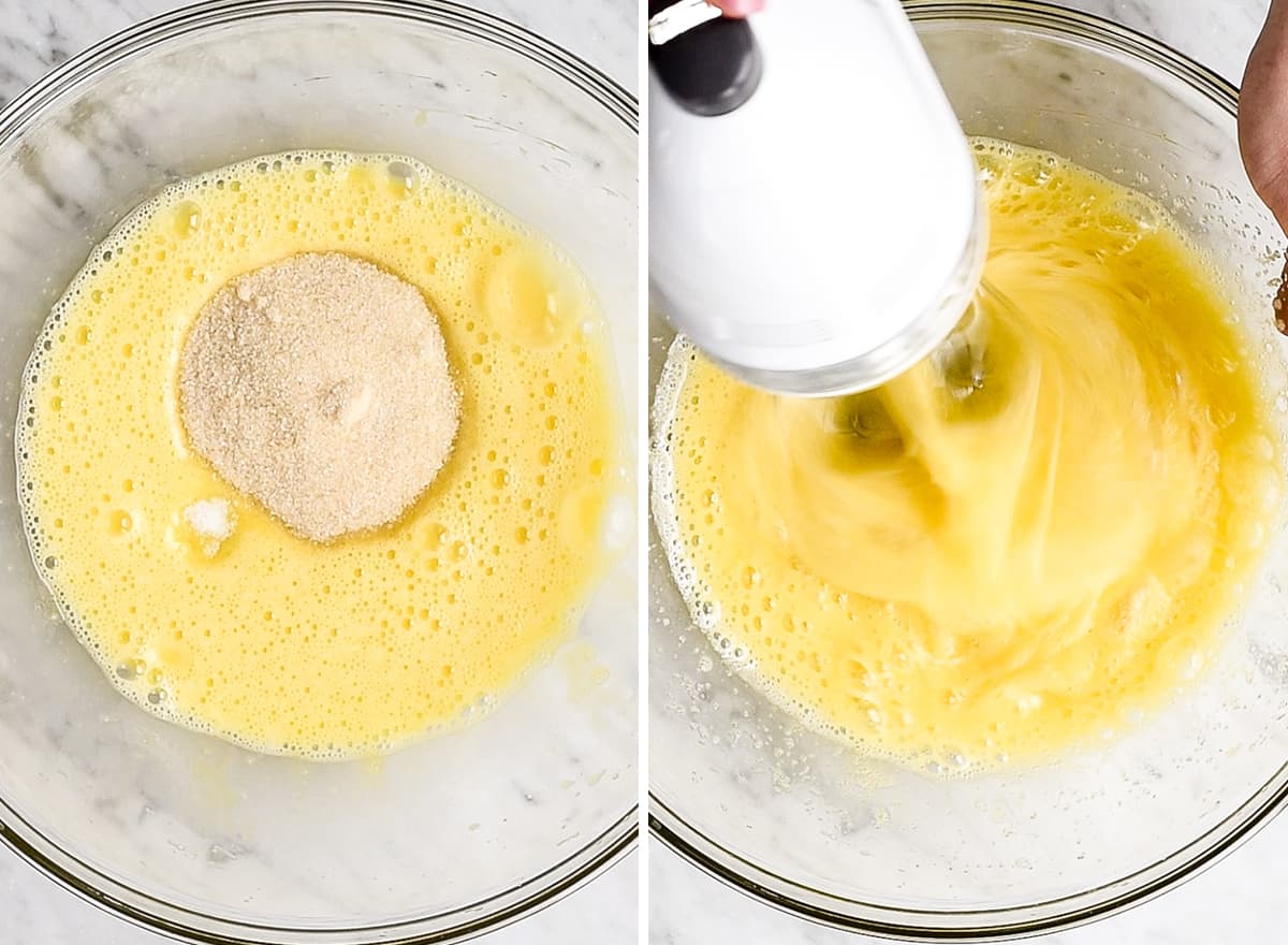two overhead photos showing how to make chocolate lava cakes - beating in sugar and salt