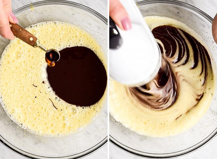 two overhead photos showing how to make chocolate lava cakes - beating in melted chocolate and vanilla