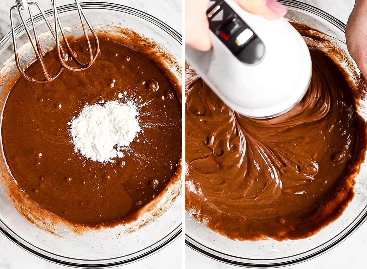 two overhead photos showing how to make chocolate lava cakes - stirring in flour