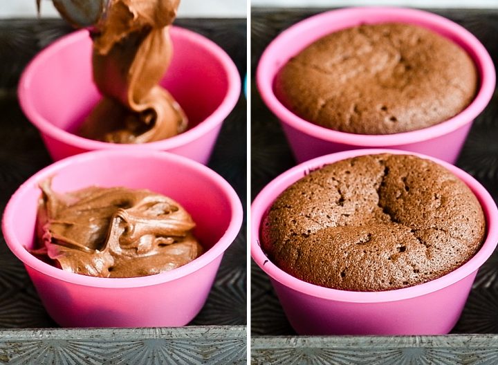 two overhead photos showing how to make chocolate lava cakes - in the silicone baking cups before and after baking