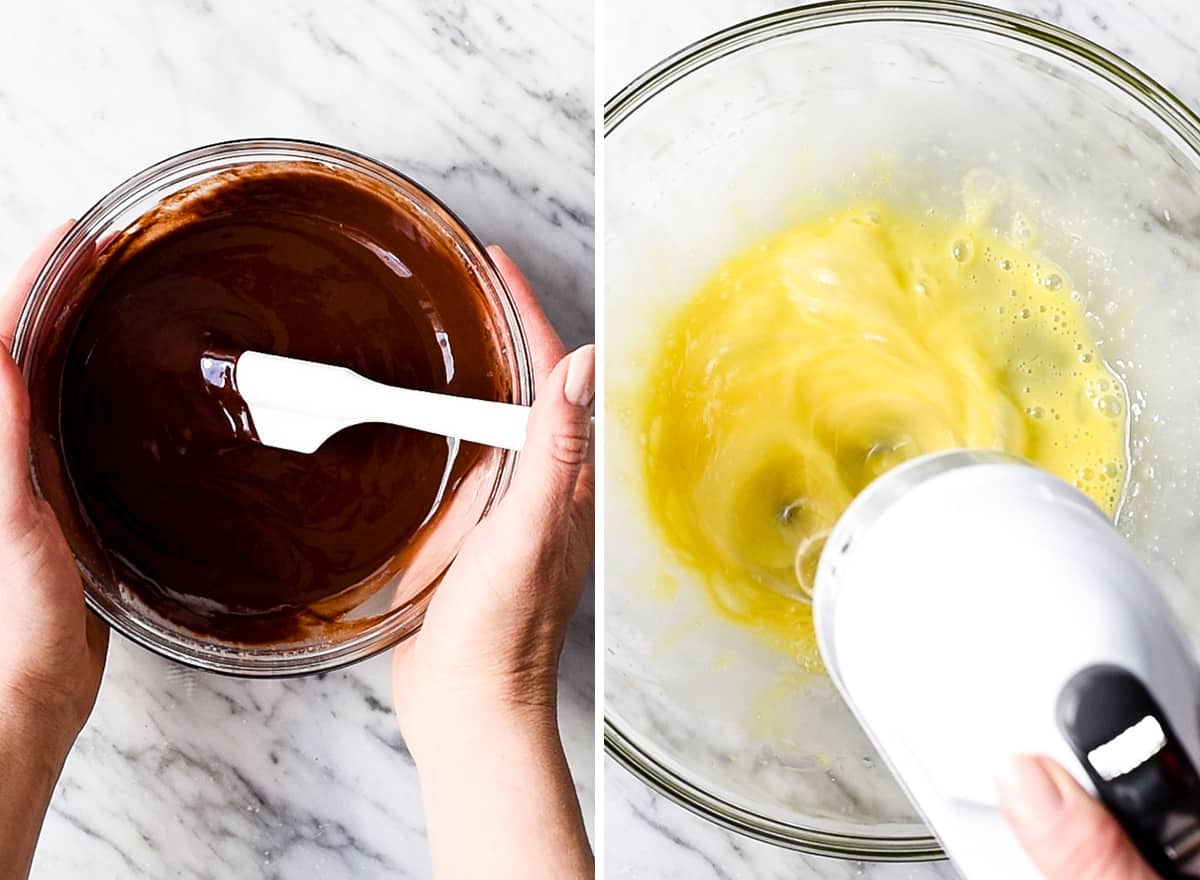 two overhead photos showing How to Make Flourless Brownies - melting chocolate and beating eggs