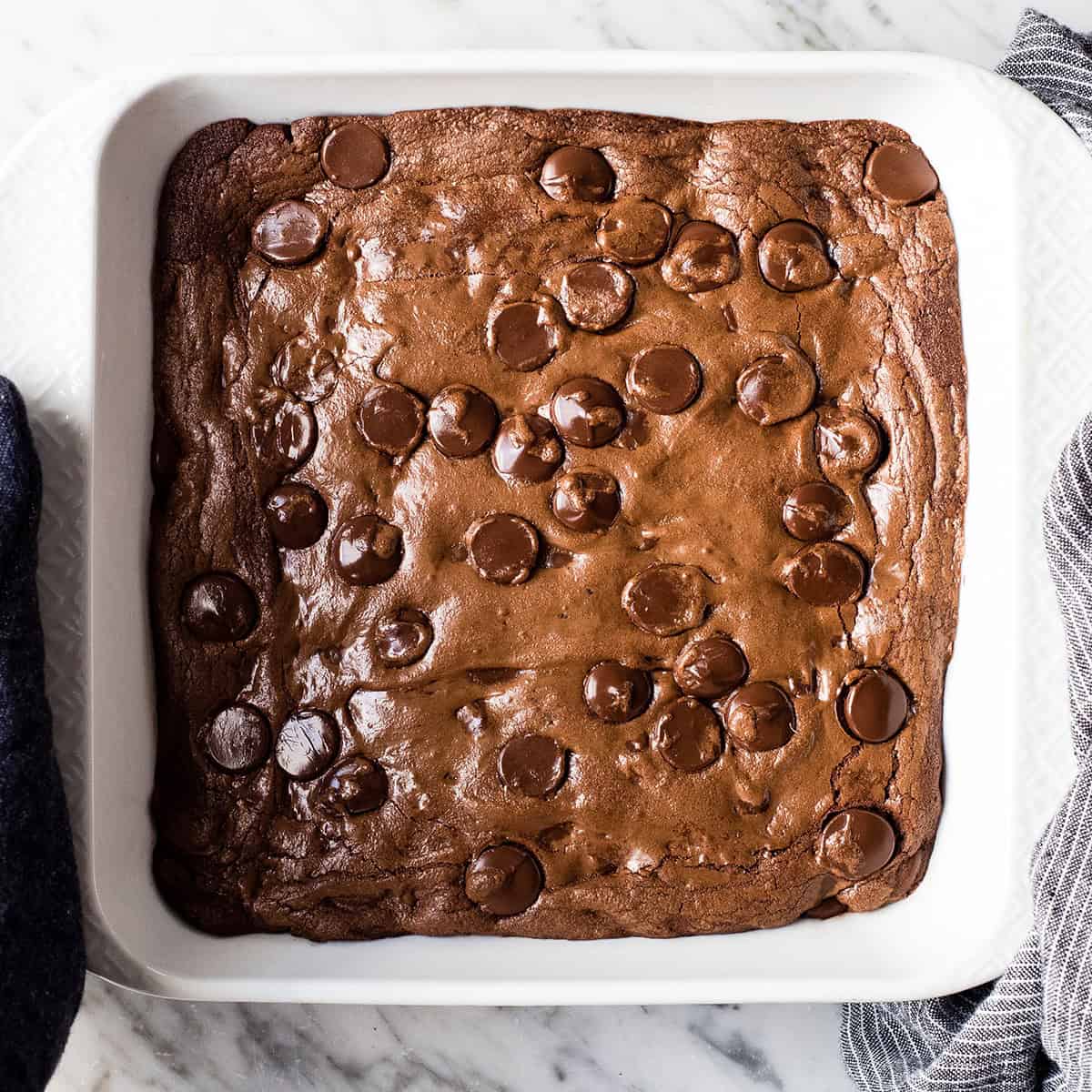 flourless brownies in a baking dish after baking