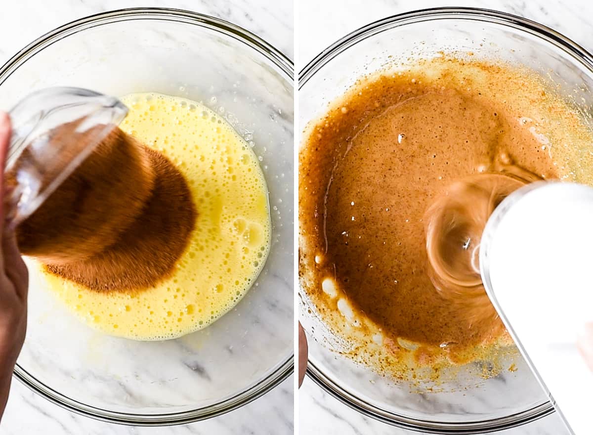 two overhead photos showing How to Make Flourless Brownies - beating in sugar