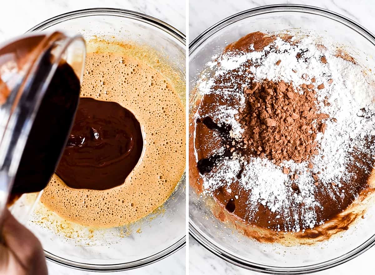 two overhead photos showing How to Make Flourless Brownies - adding melted chocolate and dry ingredients 