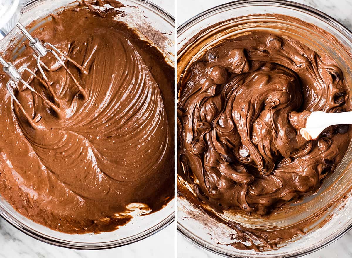 two overhead photos showing How to Make Flourless Brownies - stirring in chocolate chips