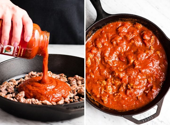 two photos, the left shows pouring sauce into a cast iron skillet with browned sausage. The right photo shows the sauce after it has been mixed. 