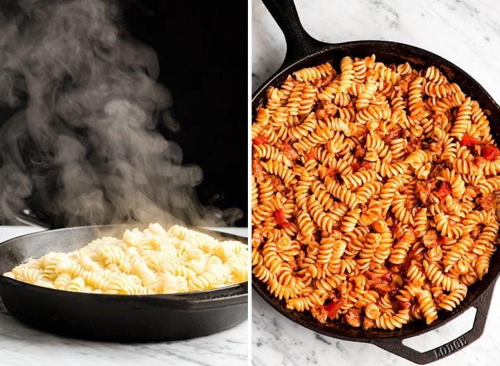 two photos, the left shows a front view of steaming pasta added to a cast iron skilled. The right photo shows an overhead view of the pasta mixed into the sauce. 