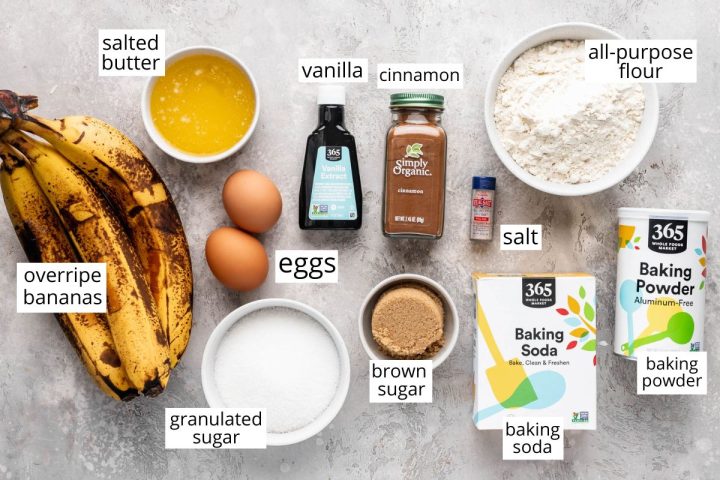overhead view of the ingredients in this Banana Bread Recipe 
