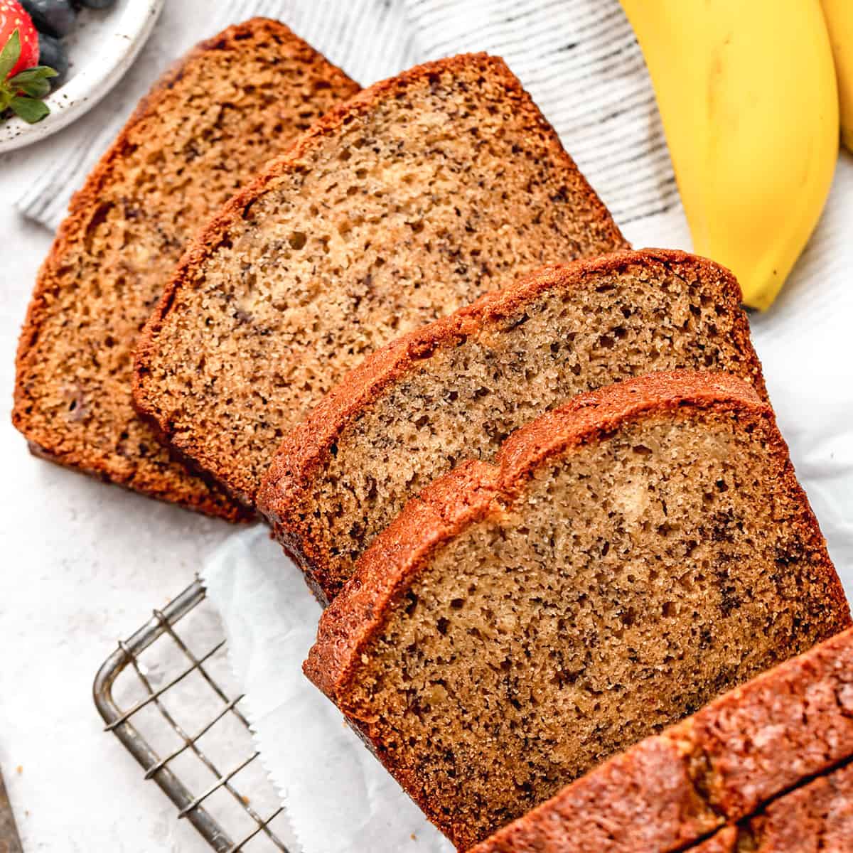 4 slices of banana bread cut out of a loaf