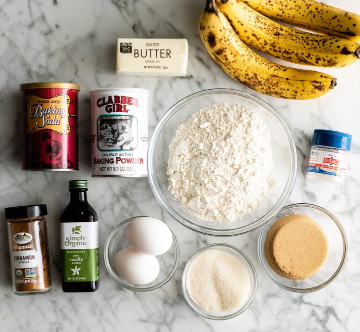 overhead view of the ingredients in this Banana Bread Recipe 