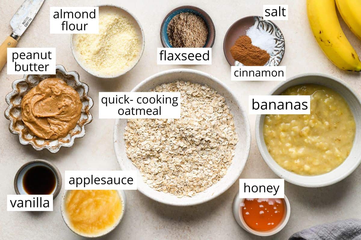 overhead photo of the labeled ingredients in the breakfast bars recipe