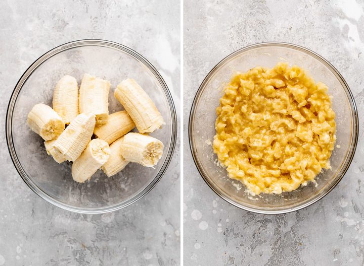 two photos showing bananas before and after mashing in a glass bowl to make banana bread