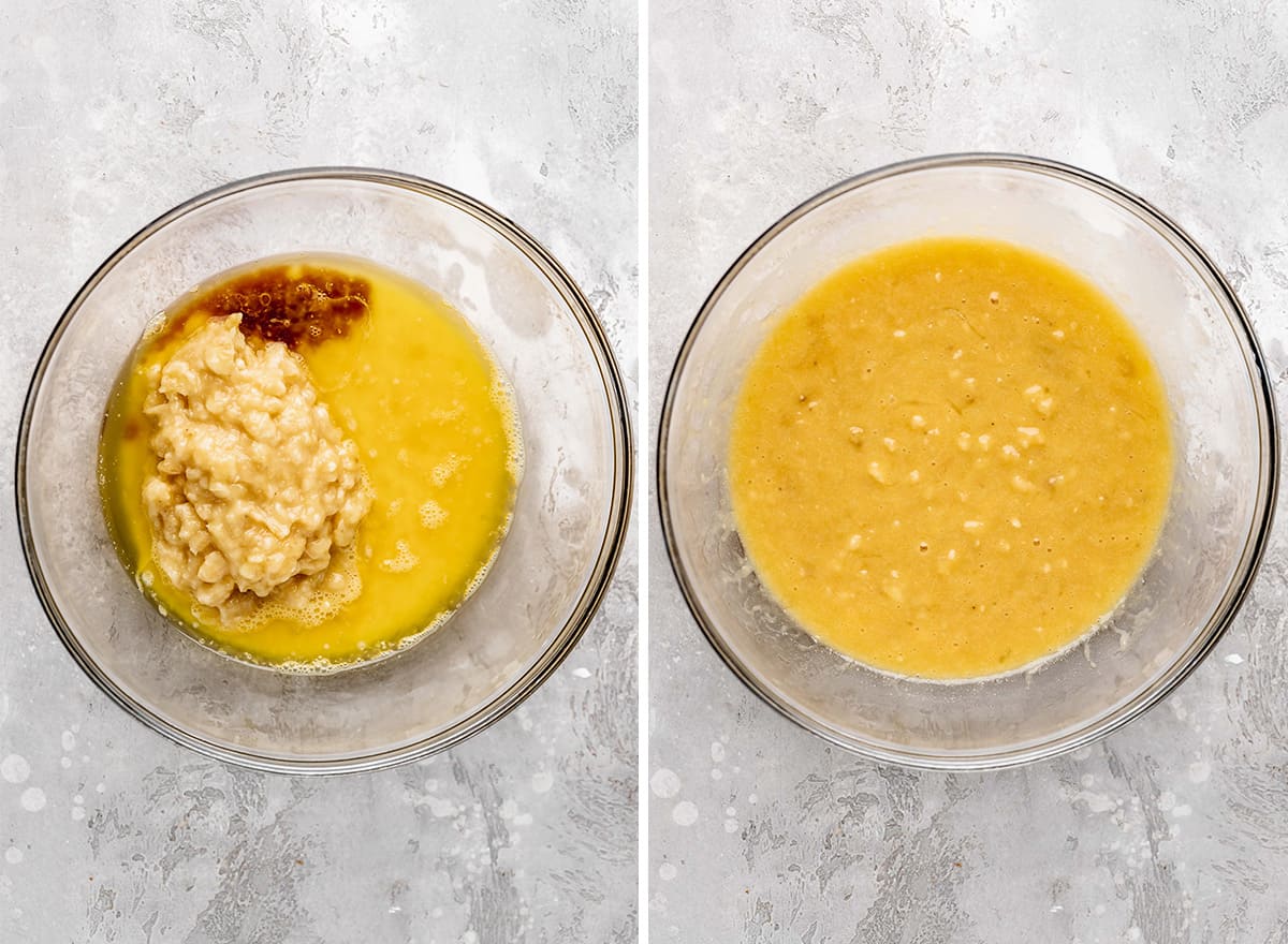 two photos showing how to make banana bread - adding the wet ingredients to the mashed banana in a glass bowl