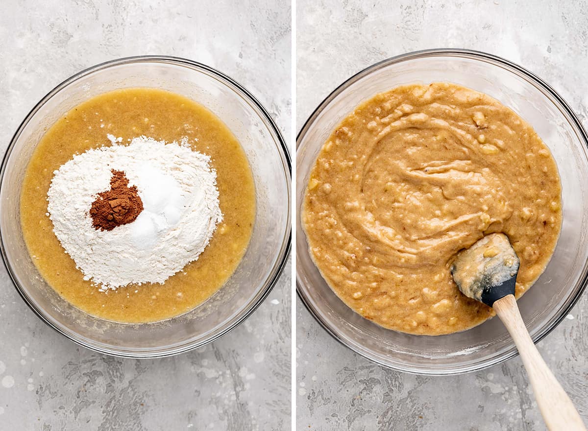 two photos showing how to make banana bread - combining wet and dry ingredients
