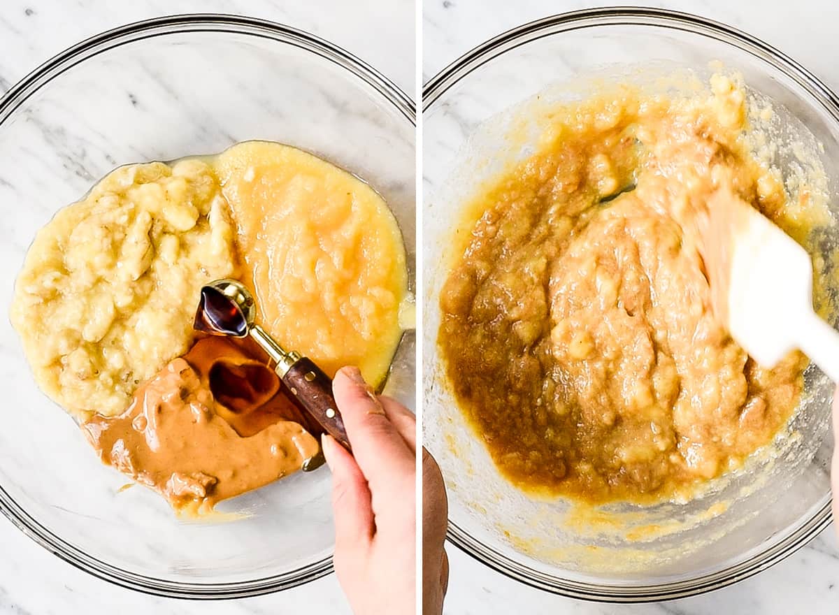 two overhead photos of mixing the wet ingredients together in this breakfast bars recipe