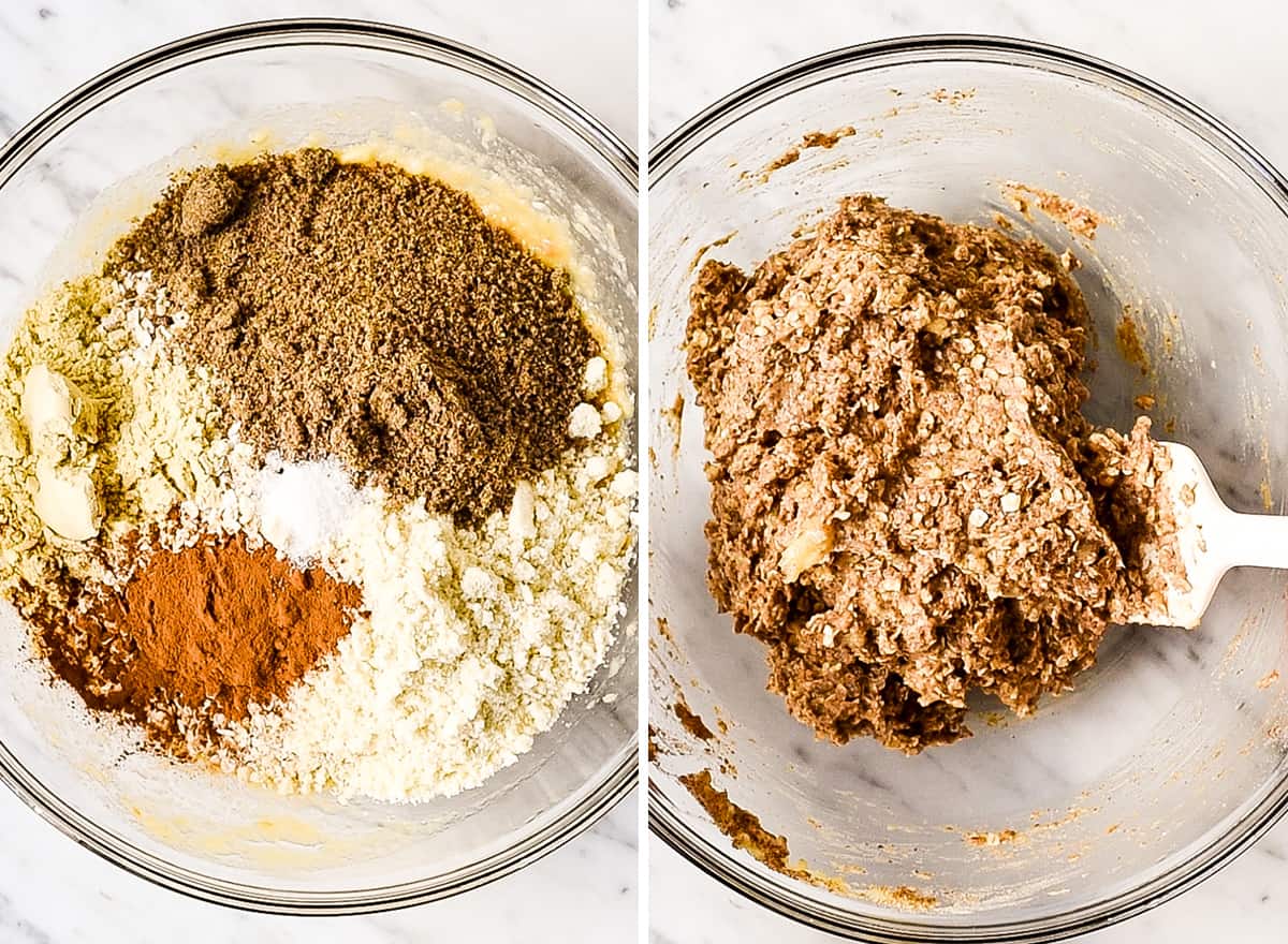 two photos showing how to make breakfast bars - adding dry ingredients before and after mixing