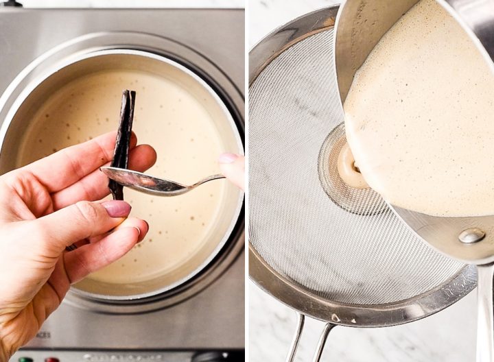 two photos showing how to make healthy coffee creamer - adding vanilla beans and straining