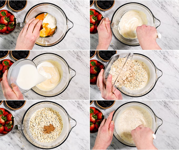 eine Collage aus 6 Overhead-Fotos, die die einzelnen Schritte der Zubereitung dieses Joghurt-Overnight-Oats-Rezepts zeigen