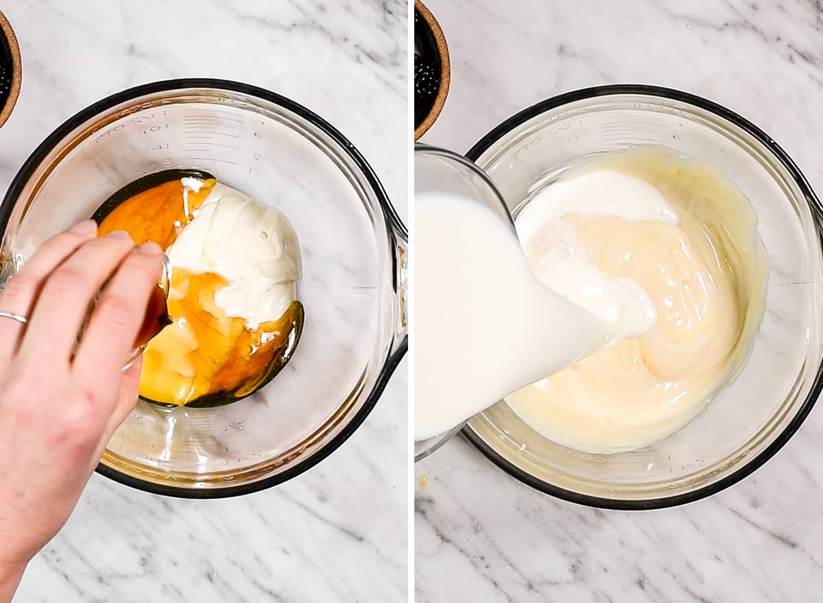 two photos showing how to make overnight oats with yogurt - mixing together wet ingredients. 