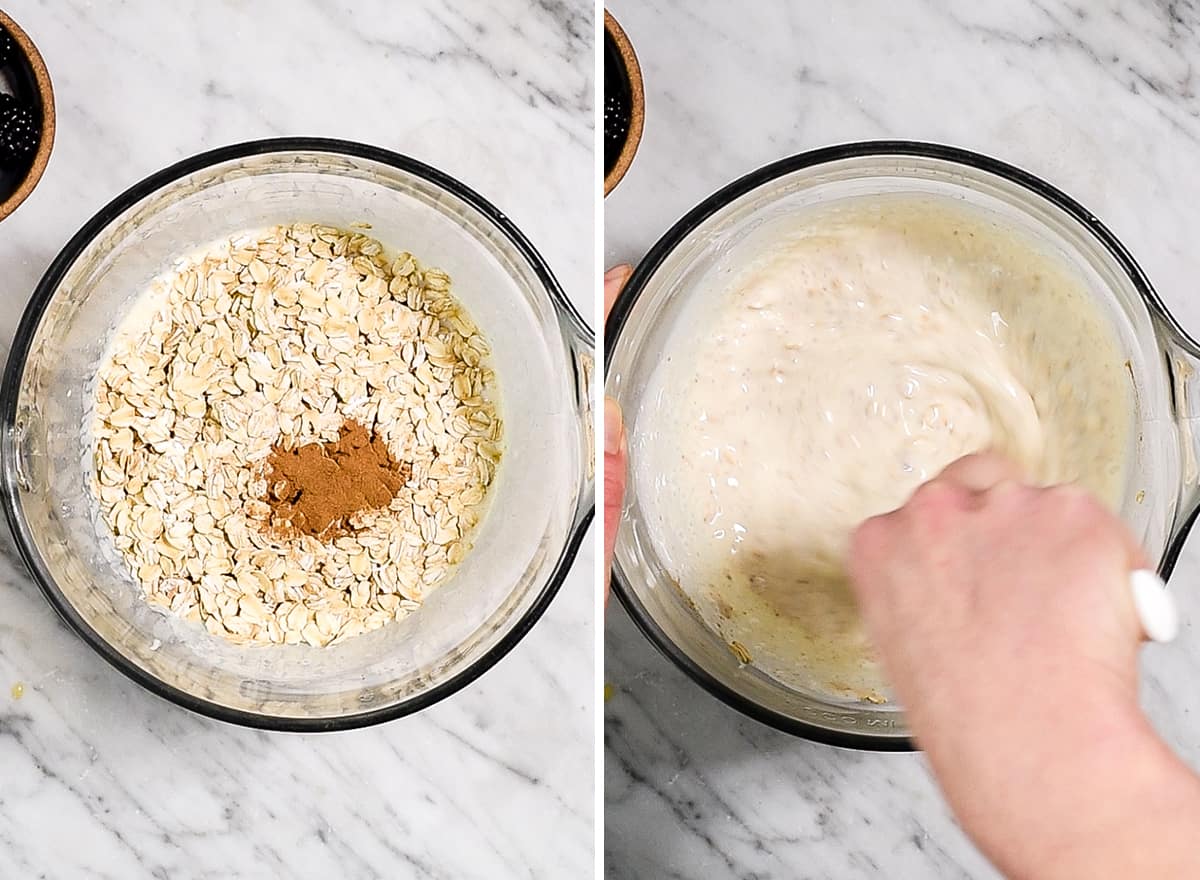 two photos showing how to make overnight oats with yogurt - adding dry ingredients & oats