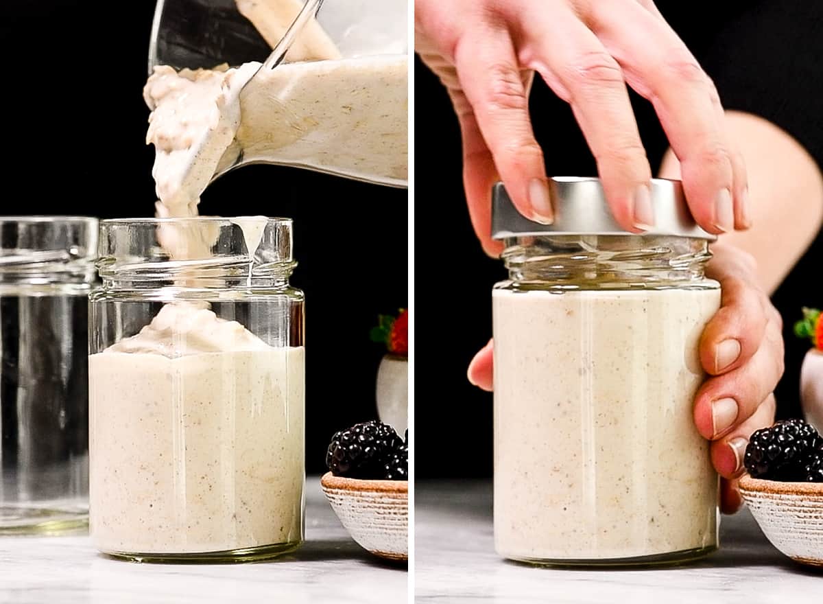 two photos showing how to make overnight oats with yogurt - pouring mixture into jars and putting a lid on 