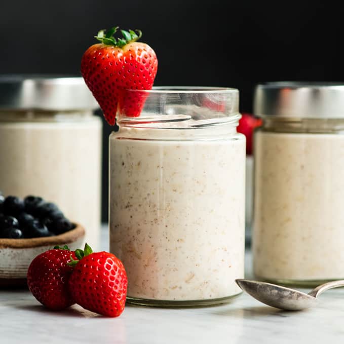 front view of three jars of yogurt overnight oats