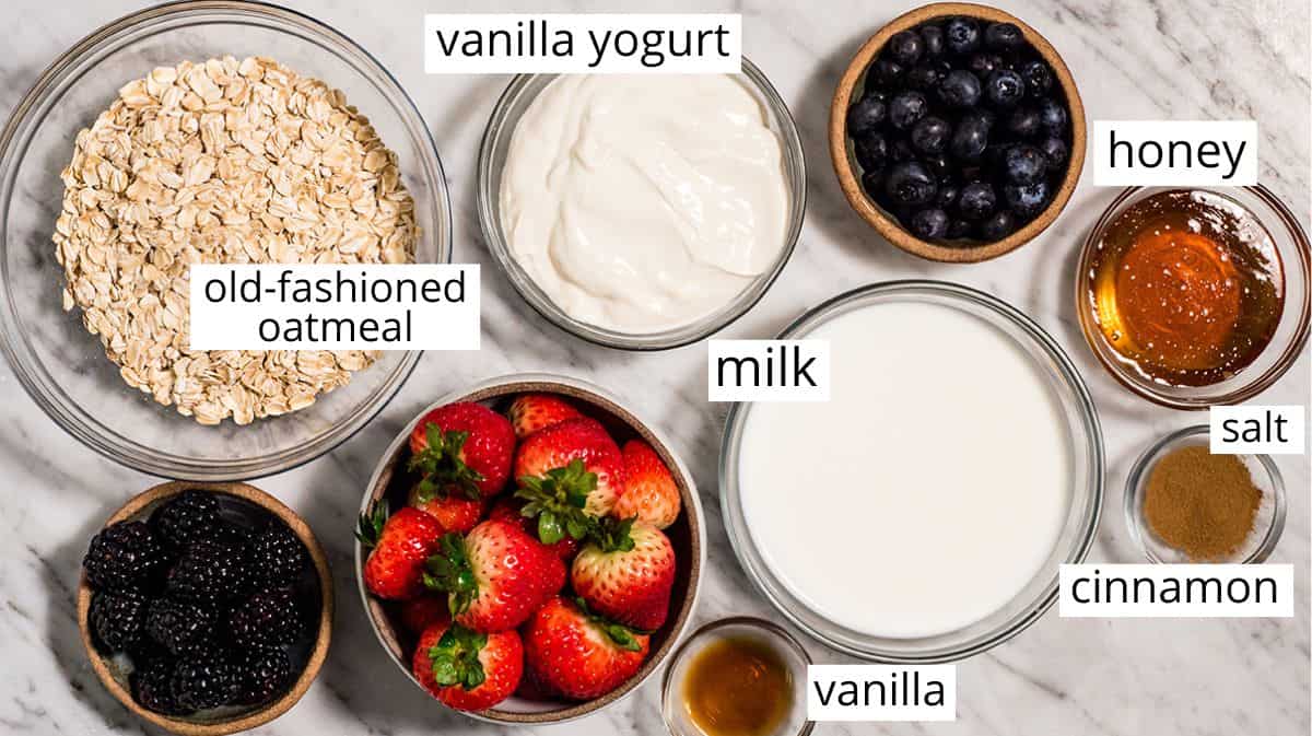 overhead view of the labeled ingredients in this Yogurt Overnight Oats recipe