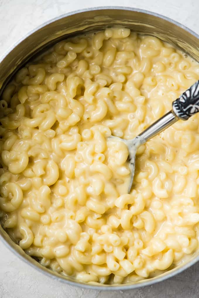 overhead view of a pot of homemade mac and cheese