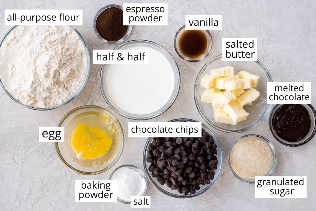overhead photo of the labeled ingredients in this chocolate scones recipe