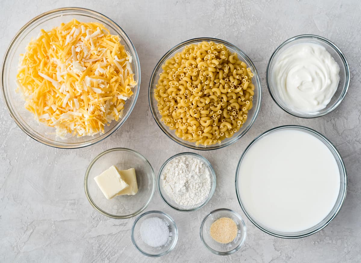 overhead photo of the ingredients in this Homemade Mac and Cheese Recipe