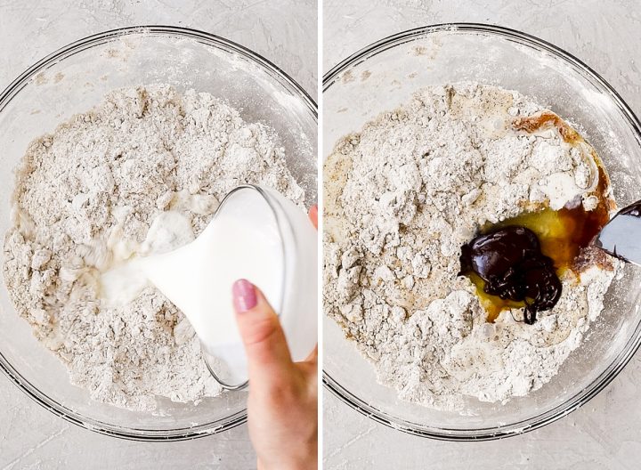 two overhead photos of a glass bowl, the left shows a hand pouring half-and-half into the dry ingredient/butter mixture of this Mocha Chocolate Scones recipe, and the right shows adding the eggs and melted chocolate 