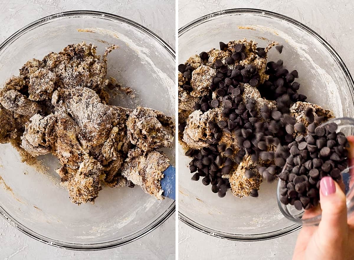 two overhead photos of a glass bowl, the left shows the Mocha Chocolate Scones recipe dough being mixed, and the right shows adding the chocolate chips 