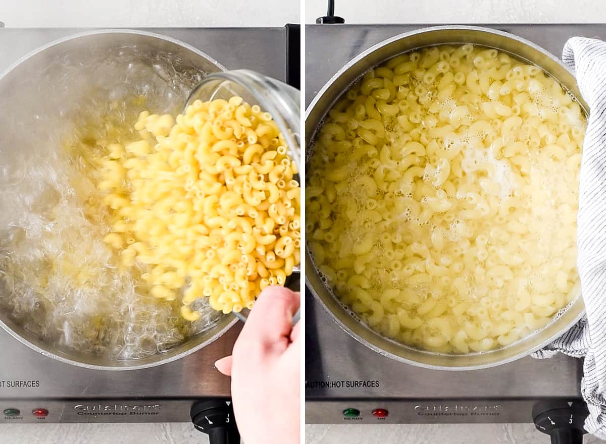 two photos showing how to make Mac and Cheese - cooking macaroni