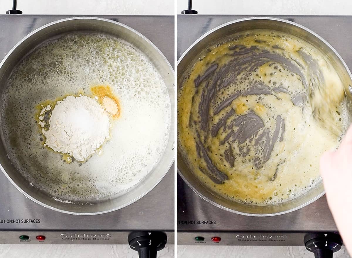 two photos showing how to make Mac and Cheese - making the roux for the cheese sauce