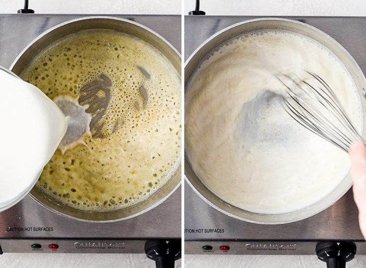 two photos showing how to make Mac and Cheese - making the cheese sauce