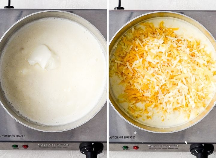 two photos showing how to make Mac and Cheese - adding sour cream and cheese