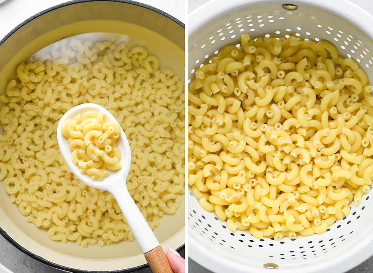 two photos showing how to make Mac and Cheese - cooking macaroni and draining it