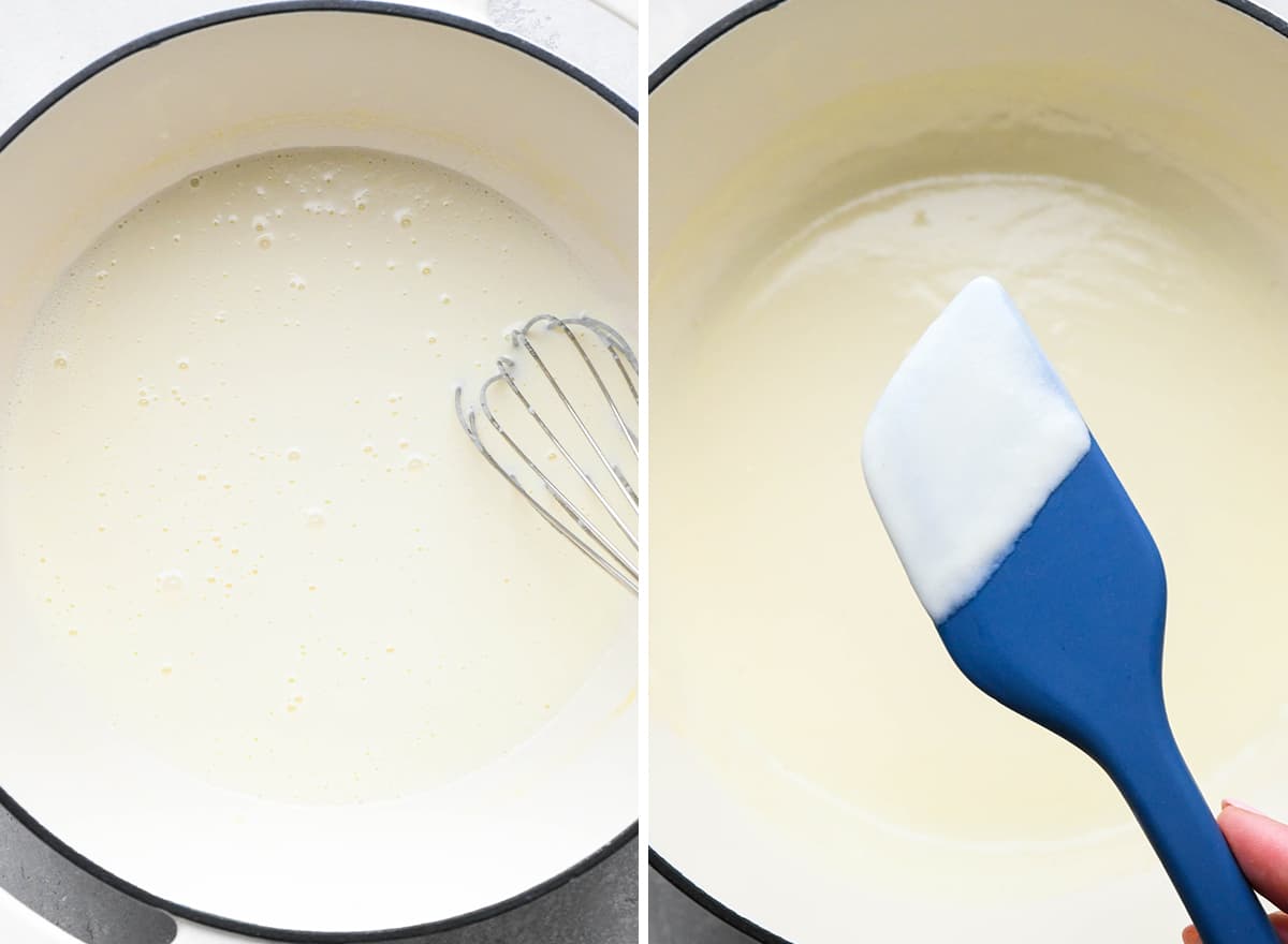 two photos showing how to make Mac and Cheese - making the cheese sauce