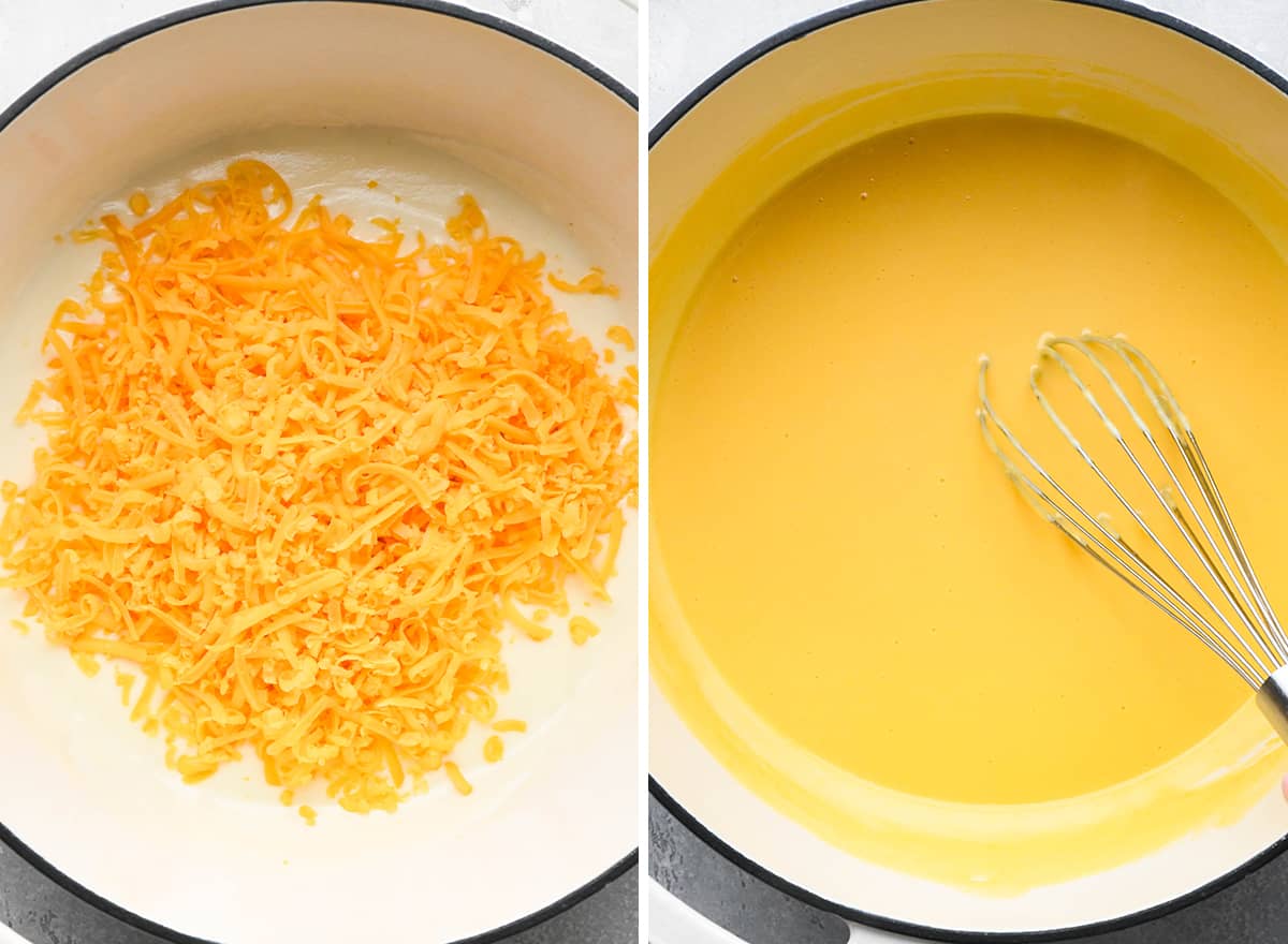two photos showing how to make Mac and Cheese - whisking in the cheese until melted
