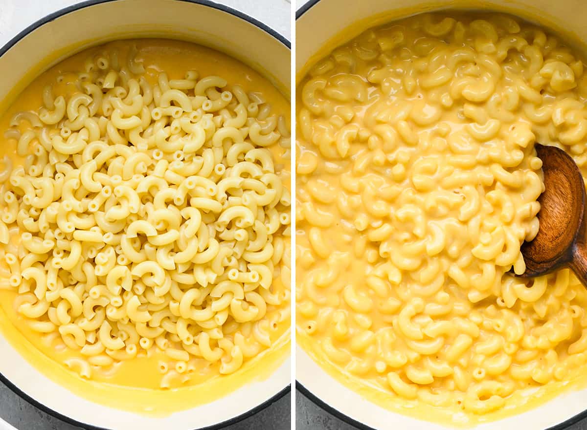 two photos showing how to make Mac and Cheese adding macaroni to the cheese sauce