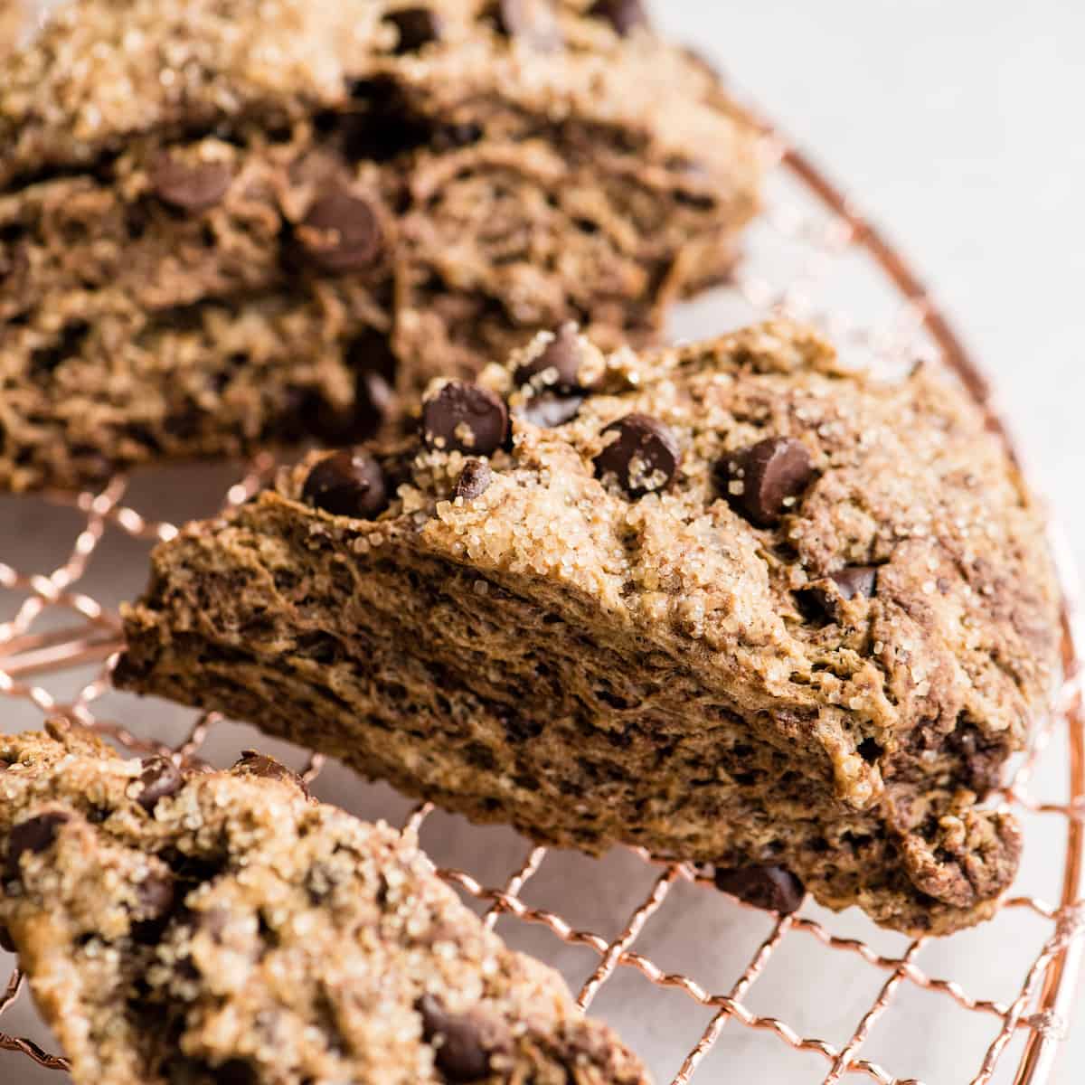 up-close front view of a Mocha Chocolate Scone on a cooling rack