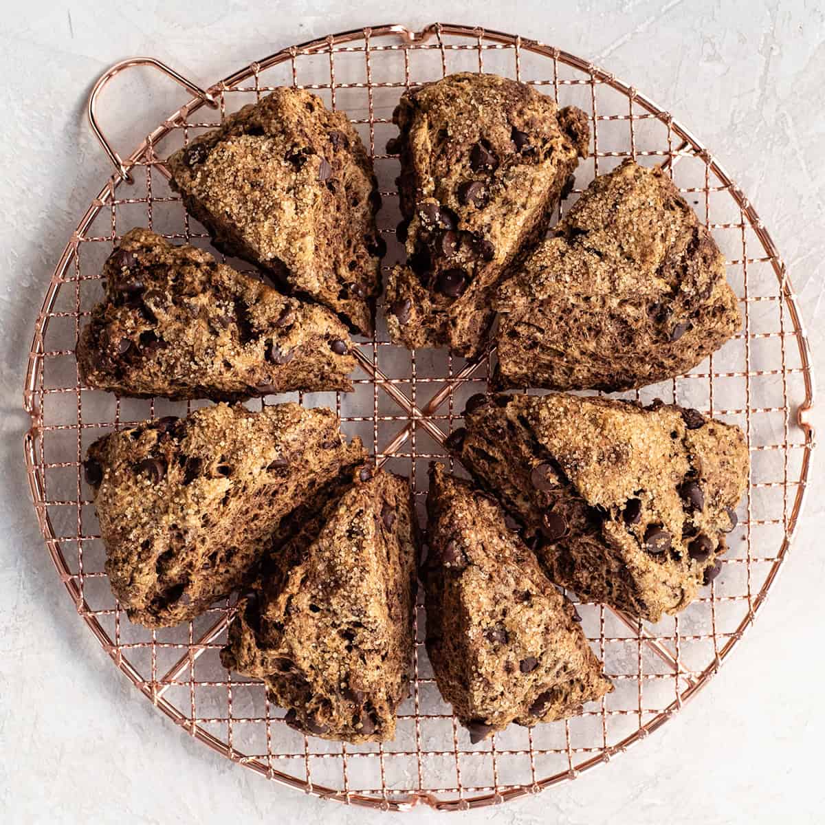 8 chocolate scones on a round, wire cooling rack