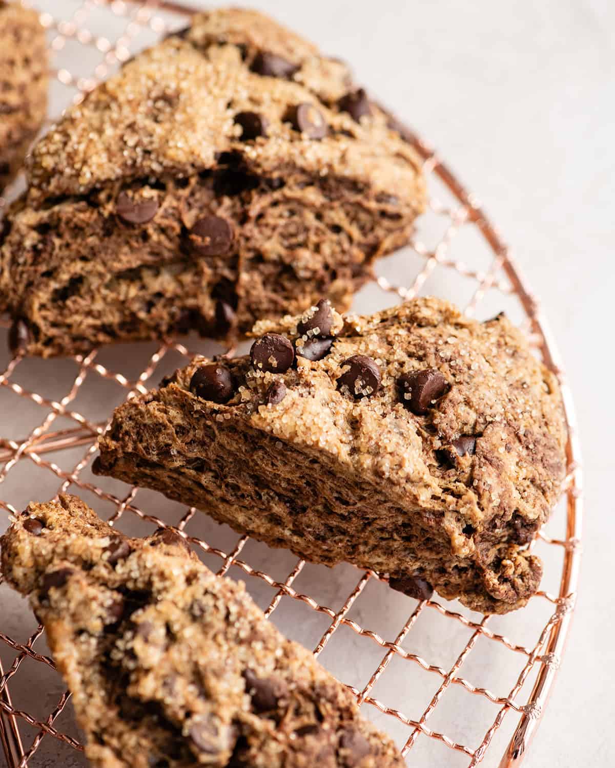 up-close front view of a Mocha Chocolate Scone on a cooling rack