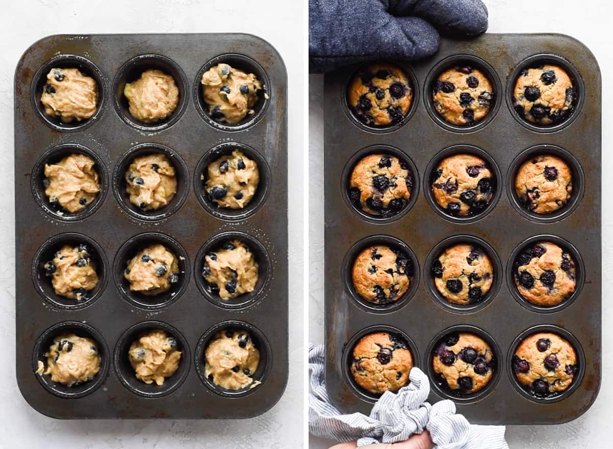 two overhead phots of a muffin tin, the top shows a hand adding paleo blueberry muffin batter into the wells of the tin, the bottom shows two hands holding the muffin pan after the muffins have been baked