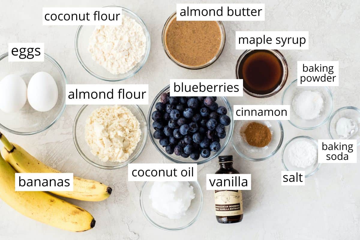 overhead photo of the labeled ingredients in this Paleo Blueberry Muffins recipe